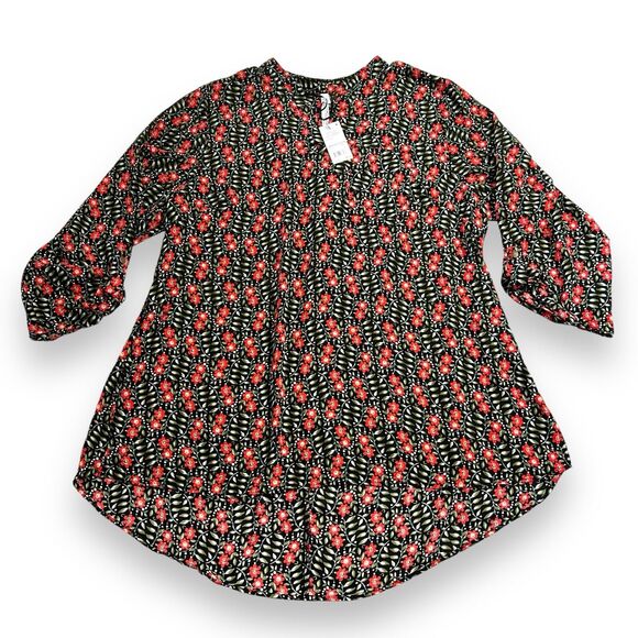 NY Collection Womens Tunic Top Blouse Shirt Floral Print Chiffon Black Red 2X - Picture 1 of 16